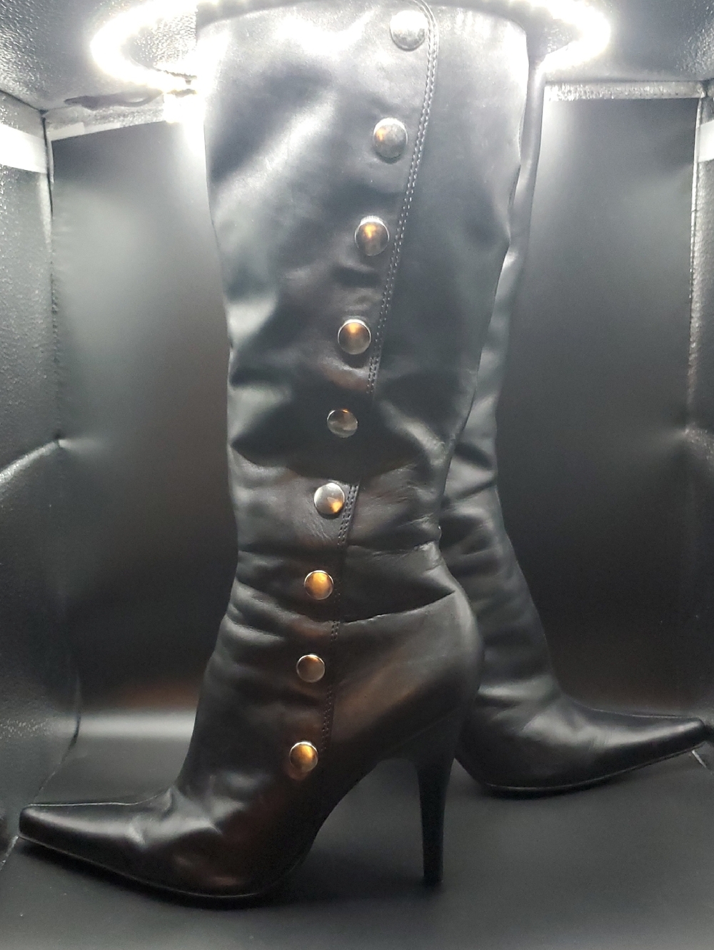 Vintage Nine West Women's Black High Heel Knee Boot with Gold Buttons